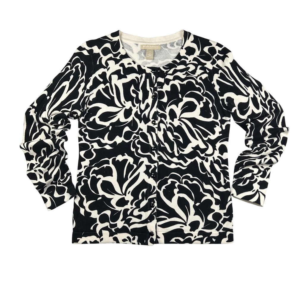 Banana Republic Womens Small Petite Cardigan‎ Black White Floral Cotton S